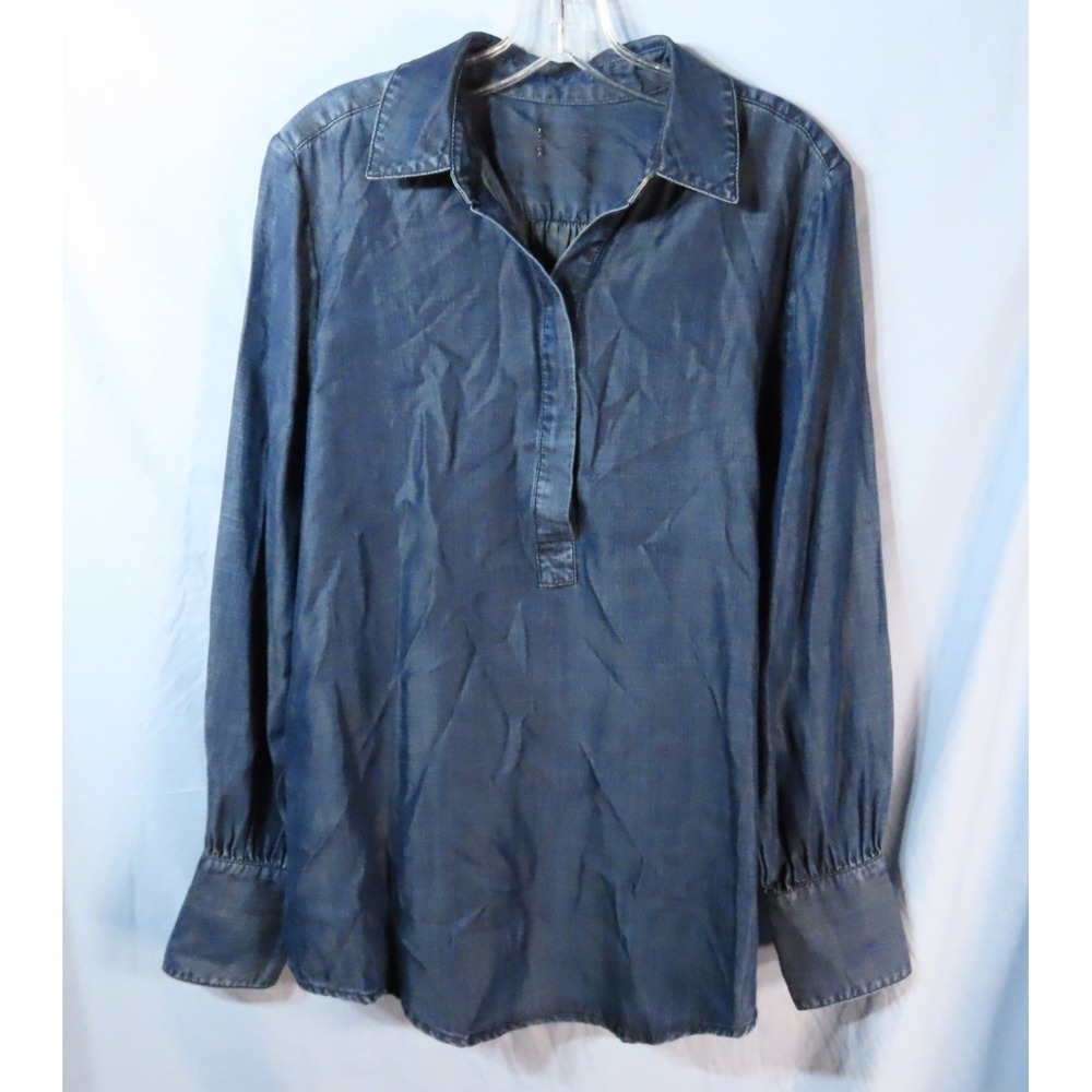 CHICO'S Dark Blue Denim Color TENCEL POPOVER TOP Blouse Tunic 1/2-Button Up SZ 1